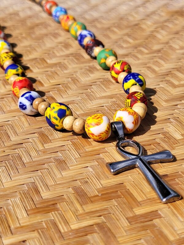 Product Image for  22 Inch Recycled Glass Bead (Ghana), Vintage Wood Beaded, 304 Stainless Steel Ankh Necklace