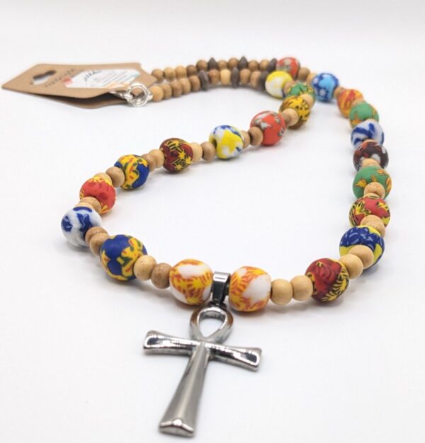 Product Image for  22 Inch Recycled Glass Bead (Ghana), Vintage Wood Beaded, 304 Stainless Steel Ankh Necklace