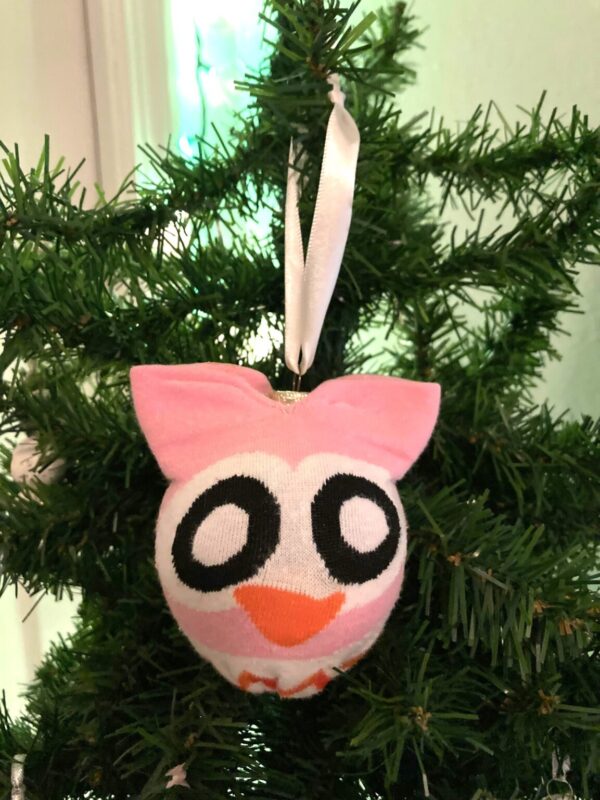 Product Image for  “Caffeinated Owl” Upcycled Glass Ball and Sock Ornament