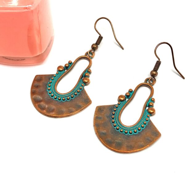 Product Image for  Hammered Pendulum Drop Earrings in Rustic Copper Turquoise Verdigris