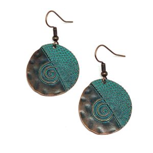 Product Image for  Bronze Turquoise Verdigris Hammered Spiral Design Dangle Earrings