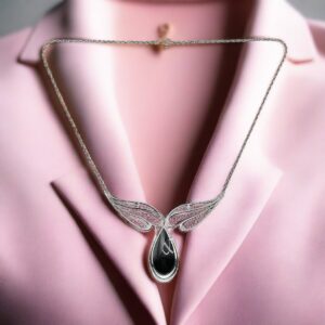 Product Image for  1980s  Black Sterling Silver Winged Teardrop Station Pendant Necklace – Designer Kabana