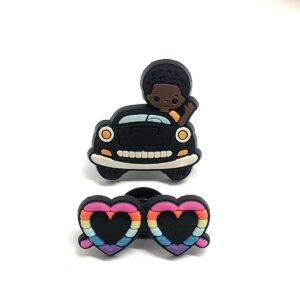 Product Image for  Bundle of 2 Croc Style Shoe Charm Buttons, Cute Heart Sunglasses & Happy Car Driver